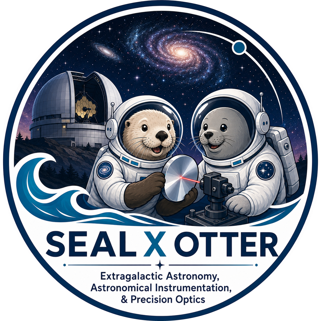 SEAL × OTTER — an otter and a seal in spacesuits aligning a mirror with a laser, under a telescope dome and a spiral galaxy