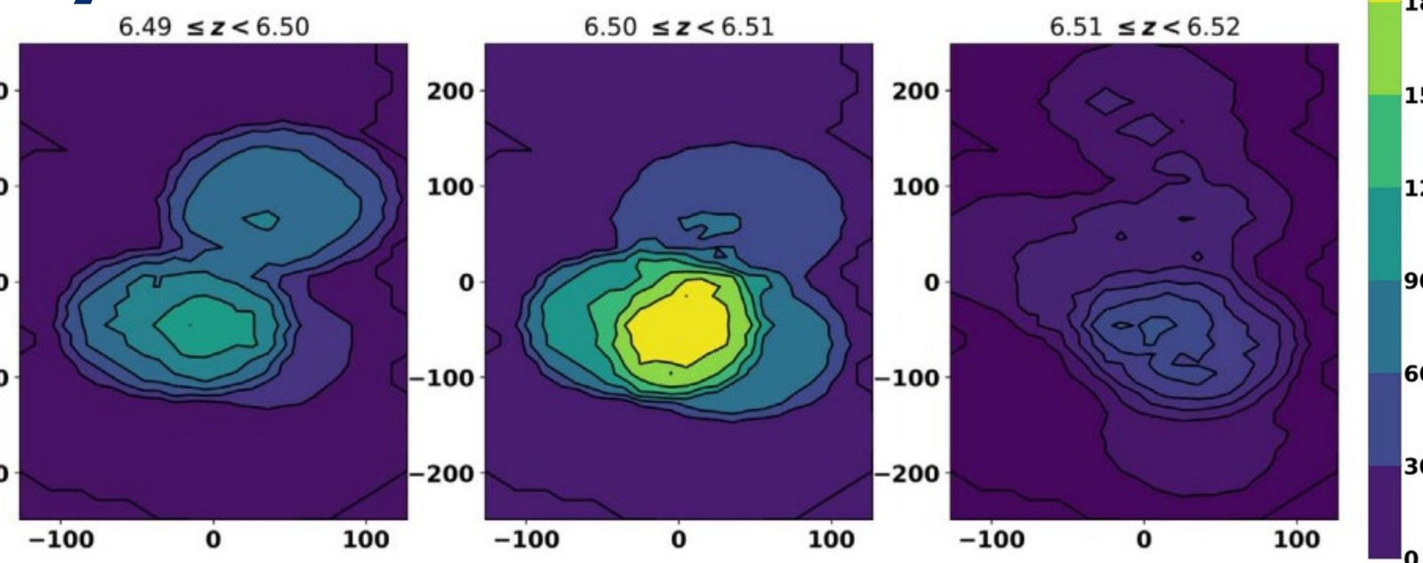 Mass-density maps of the z = 6.5 protocluster in three redshift slices